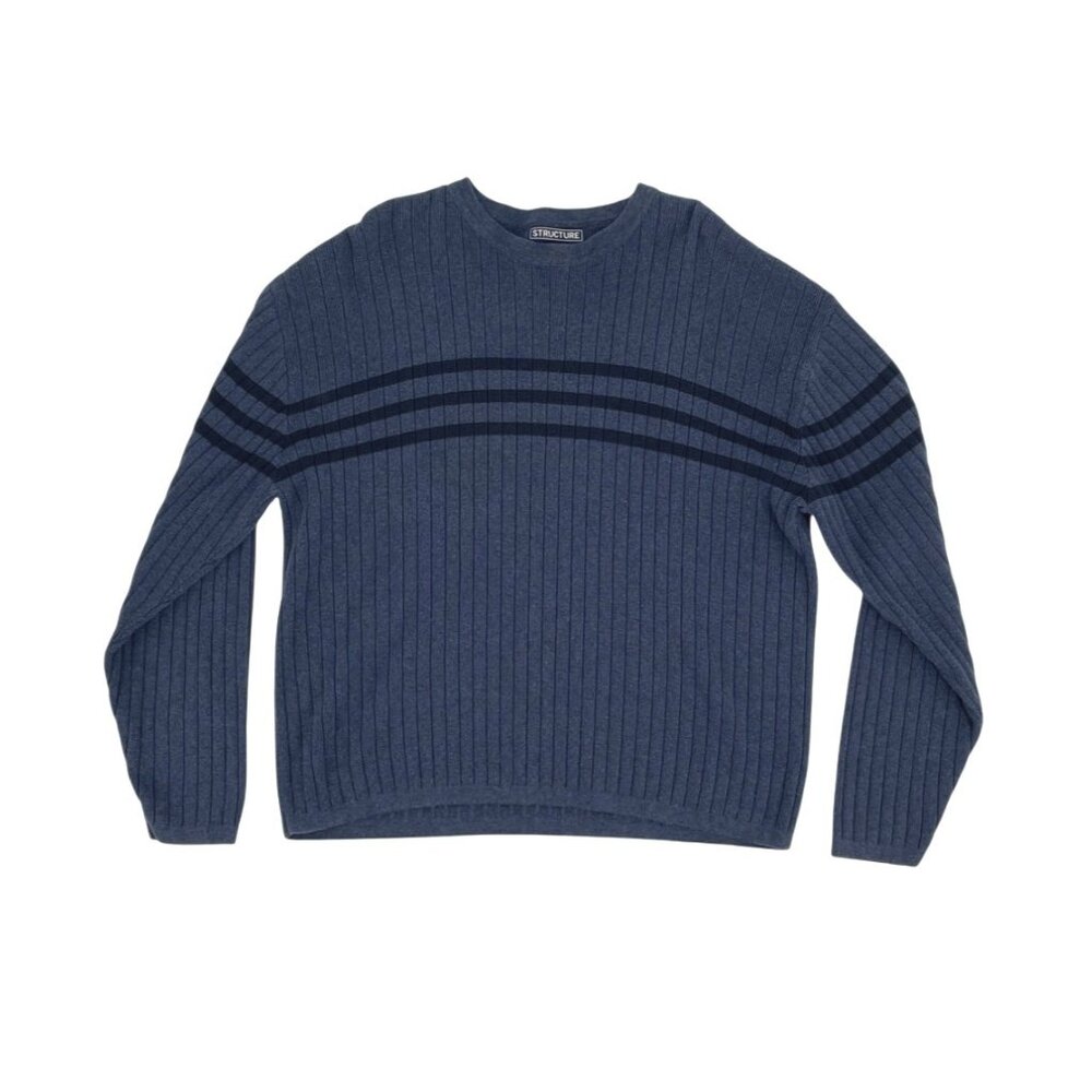 Vintage 90s Structure Mens Large Blue Ribbed Knit Pullover Sweater Nautical